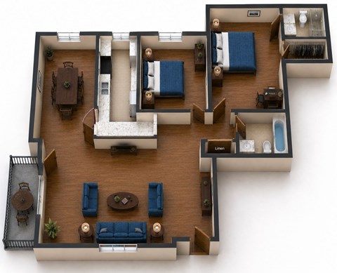 Floor plan for 2 beds, 2 baths, 1268 sqft